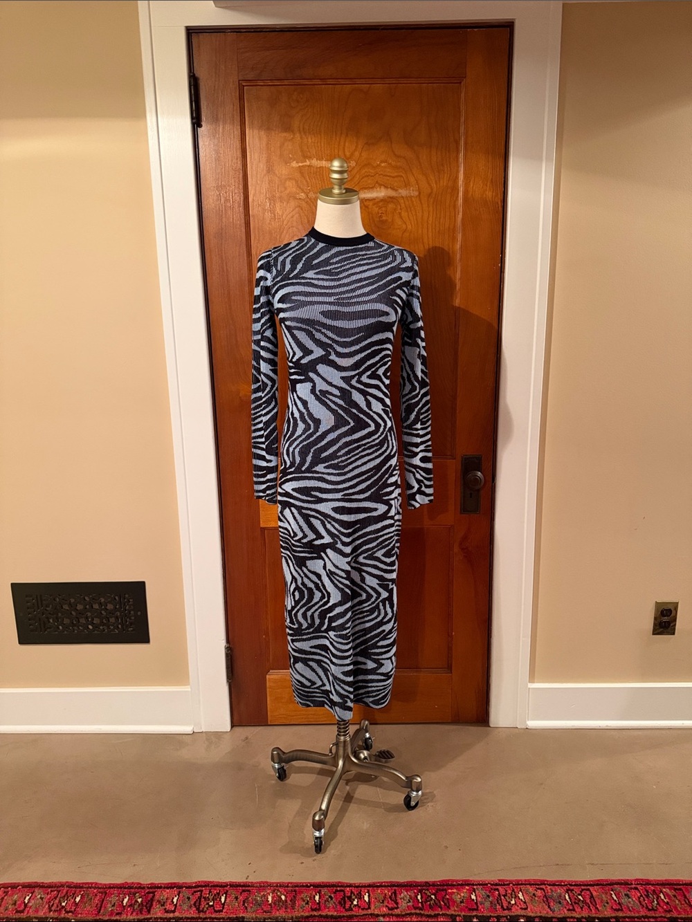 STINE GOYA Chiara Dress Light Blue and Black Long Sleeve Zebra-Print Midi Dress
